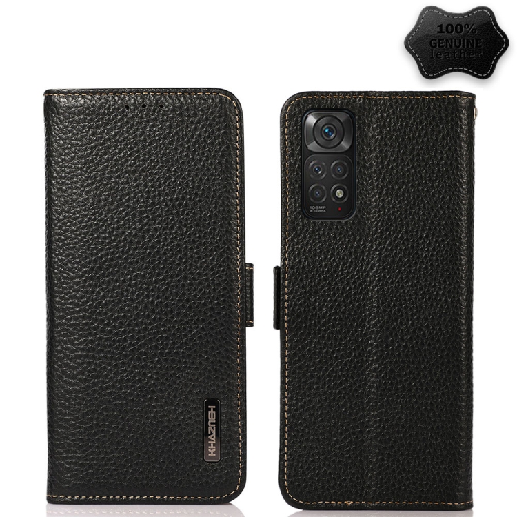 

For Xiaomi Redmi Note 11 4G / Note 11S KHAZNEH Side-Magnetic Litchi Genuine Leather RFID Phone Case(Black)