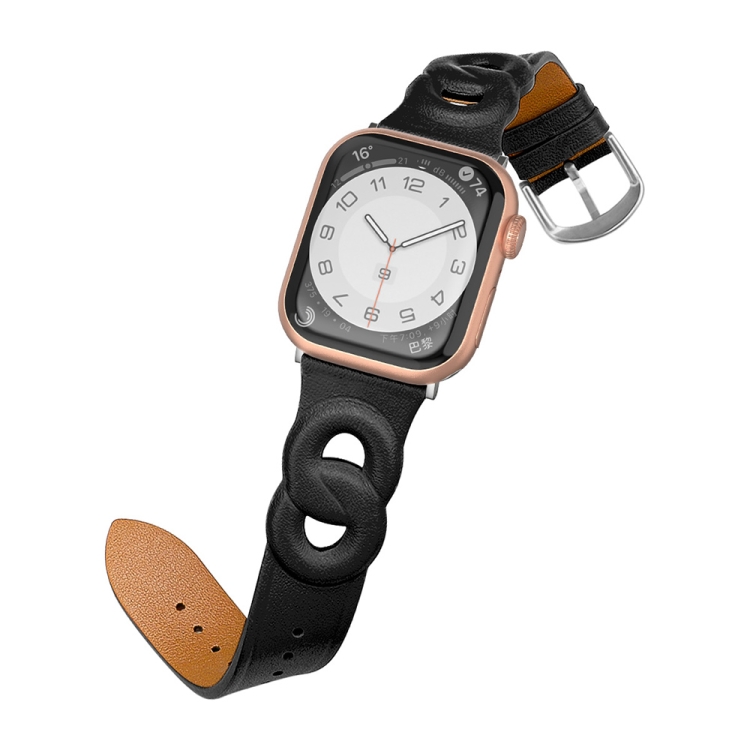 

Double Rings Genuine Leather Watchband For Apple Watch Series 7 41mm / 6&SE&5&4 40mm / 3&2&1 38mm(Black)