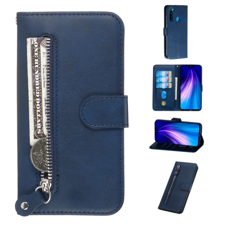 

For Xiaomi Redmi Note 8 Fashion Calf Texture Zipper Horizontal Flip PU Leather Case, with Holder & Card Slots & Wallet(Blue)