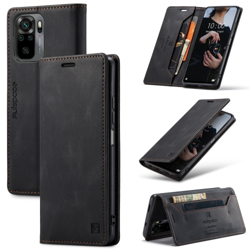For Xiaomi Redmi Note 10 4G AutSpace A01 Skin-feel Crazy Horse Leather Phone Case(Black)