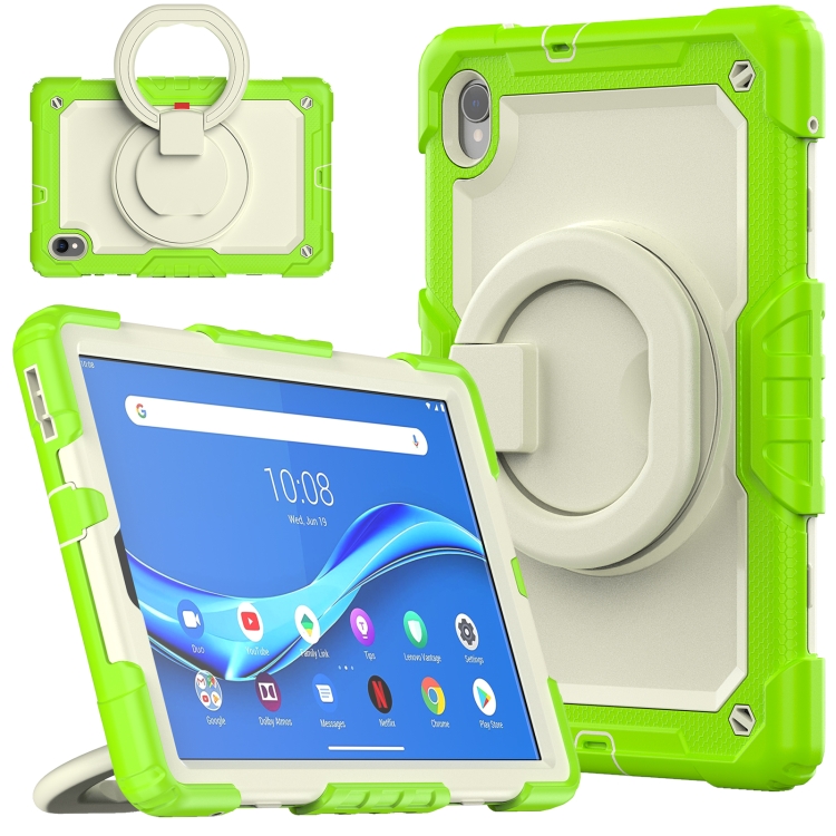 

For Lenovo M10 Plus X606F Silicone + PC Holder Tablet Case(Yellow Green+Beige)