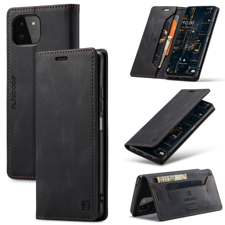 

For Samsung Galaxy A22 AutSpace A01 Retro Skin-feel Crazy Horse RFID Leather Phone Case(Black)