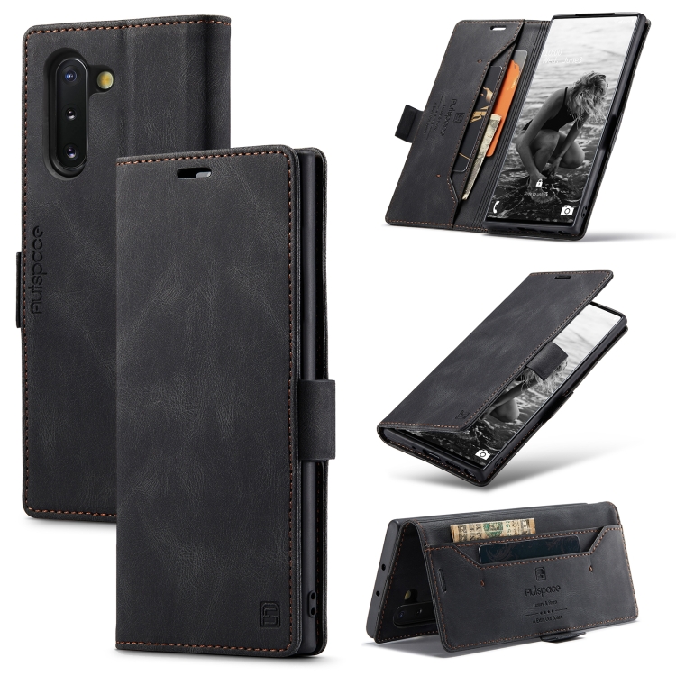 

For Samsung Galaxy Note10 AutSpace A01 Retro Skin-feel Crazy Horse RFID Leather Phone Case(Black)
