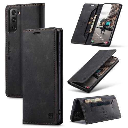 

For Samsung Galaxy S21 FE AutSpace A01 Retro Skin-feel Crazy Horse RFID Leather Phone Case(Black)