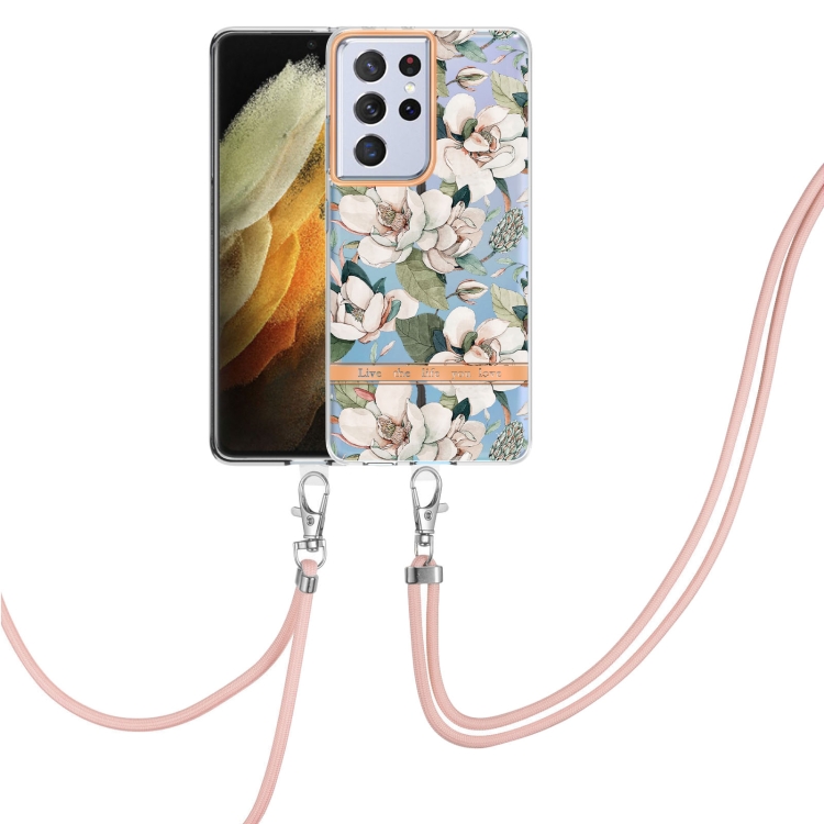 

For Samsung Galaxy S21 Ultra 5G Flowers Series TPU Phone Case with Lanyard(Green Gardenia)