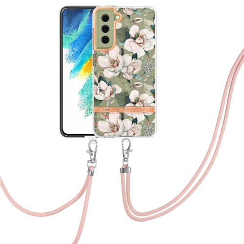 

For Samsung Galaxy S21 FE 5G Flowers Series TPU Phone Case with Lanyard(Green Gardenia)