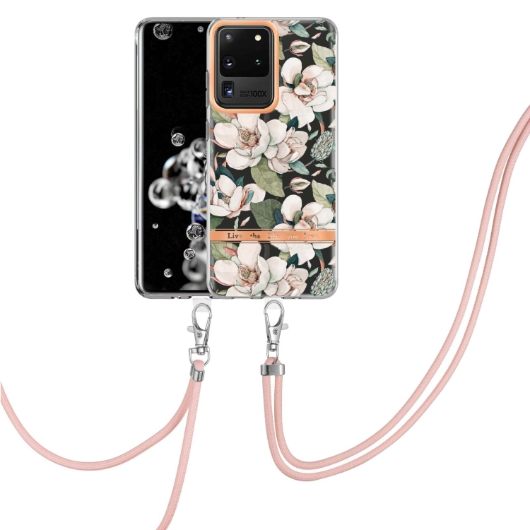 

For Samsung Galaxy S20 Ultra 5G Flowers Series TPU Phone Case with Lanyard(Green Gardenia)