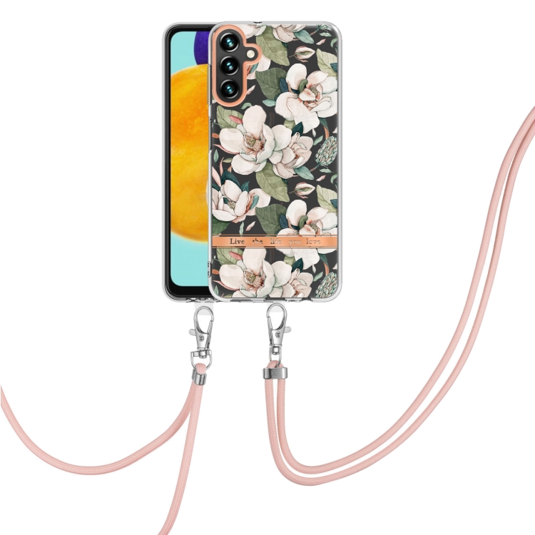 

For Samsung Galaxy A13 5G Flowers Series TPU Phone Case with Lanyard(Green Gardenia)