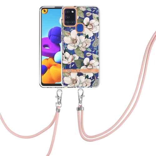 

For Samsung Galaxy A21s Flowers Series TPU Phone Case with Lanyard(Green Gardenia)