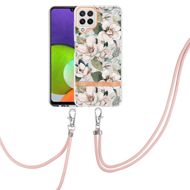 

For Samsung Galaxy A22 4G / M32 Global Flowers Series TPU Phone Case with Lanyard(Green Gardenia)