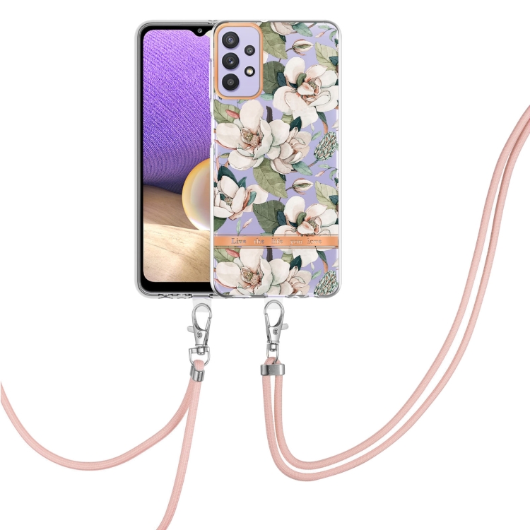 

For Samsung Galaxy A32 5G Flowers Series TPU Phone Case with Lanyard(Green Gardenia)