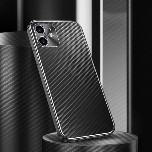 

For iPhone 12 Metal Frame Carbon Fiber Phone Case(Black)
