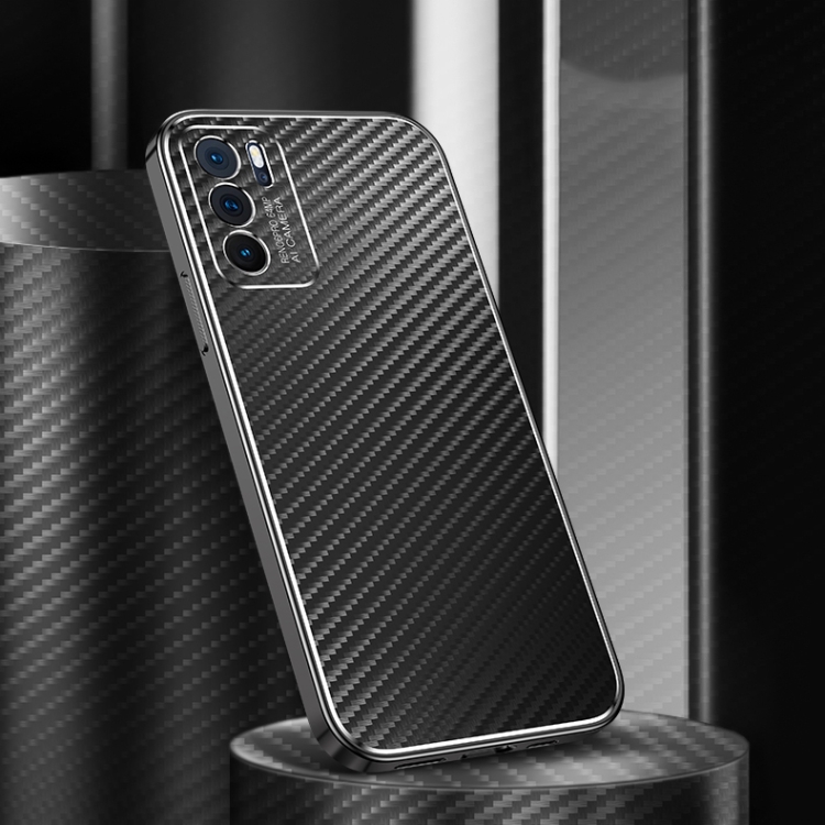 

For OPPO Reno6 Pro 5G Metal Frame Carbon Fiber Phone Case(Black)