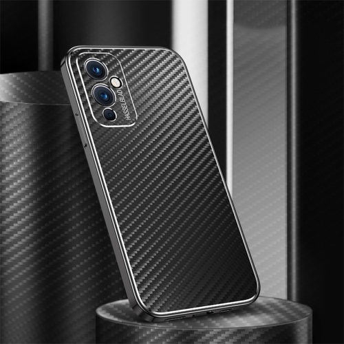

For OnePlus 9 Metal Frame Carbon Fiber Phone Case(Black)