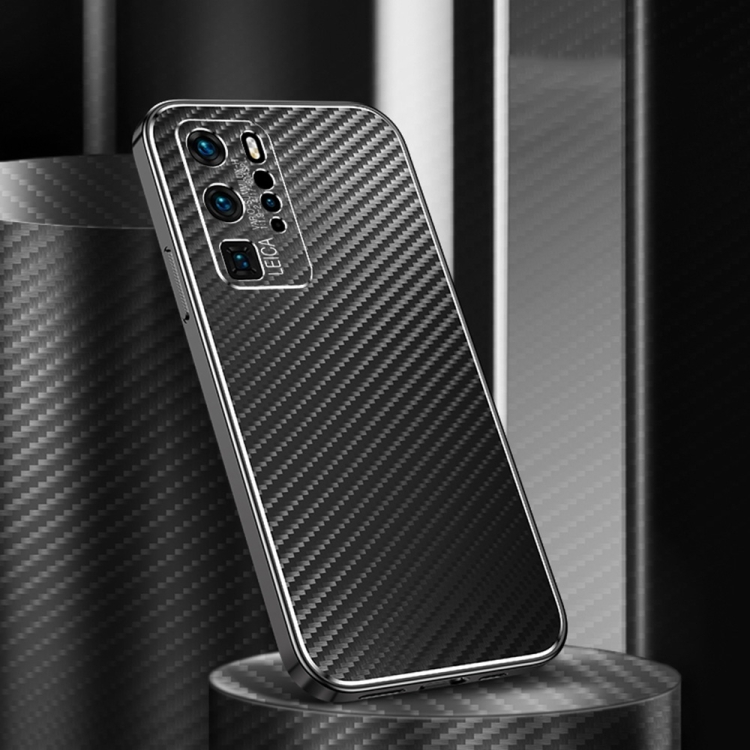 

For Huawei P40 Pro Metal Frame Carbon Fiber Phone Case(Black)