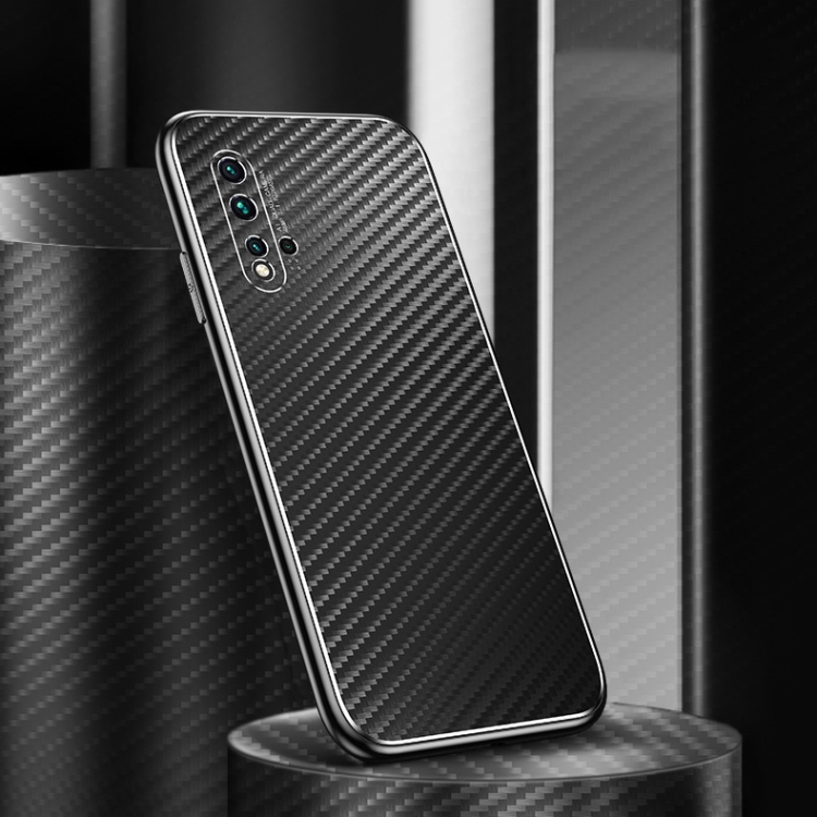 

For Huawei nova 5 Pro Metal Frame Carbon Fiber Phone Case(Black)