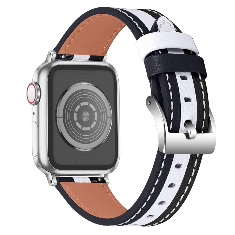 

Color Matching Leather Watchband For Apple Watch Series 7 45mm / 6&SE&5&4 44mm / 3&2&1 42mm(Black White)