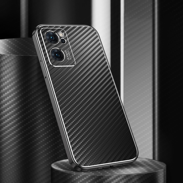 

For OPPO Reno7 5G Metal Frame Carbon Fiber Phone Case(Black)
