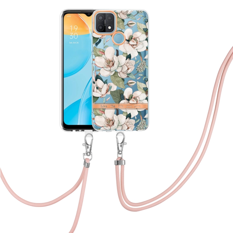 

For OPPO A15 / A15S Flowers Series TPU Phone Case with Lanyard(Green Gardenia)