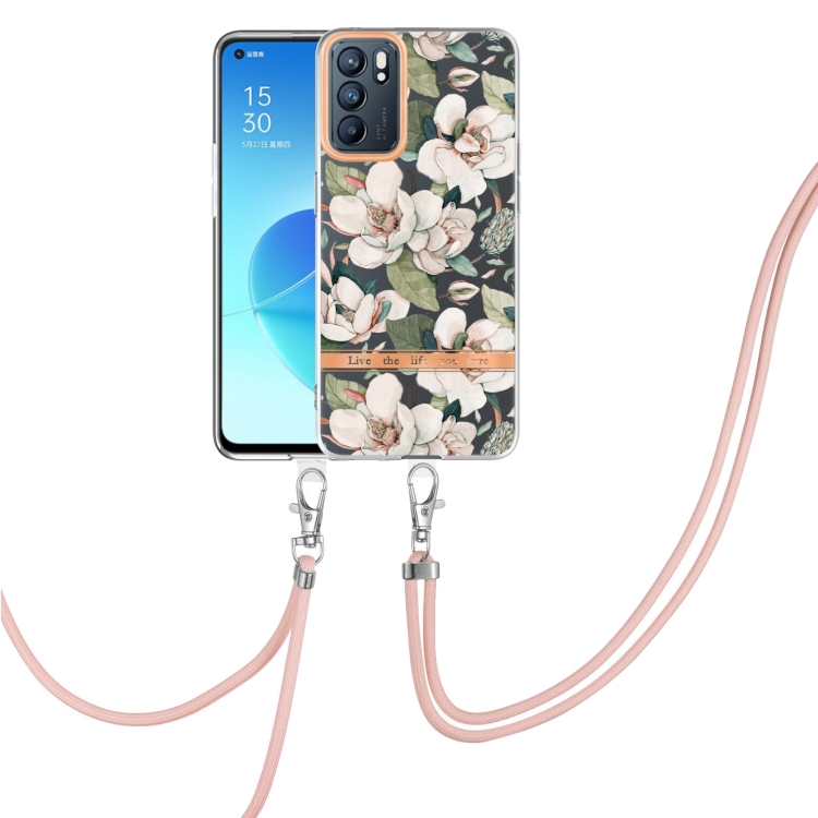 

For OPPO Reno6 5G Flowers Series TPU Phone Case with Lanyard(Green Gardenia)