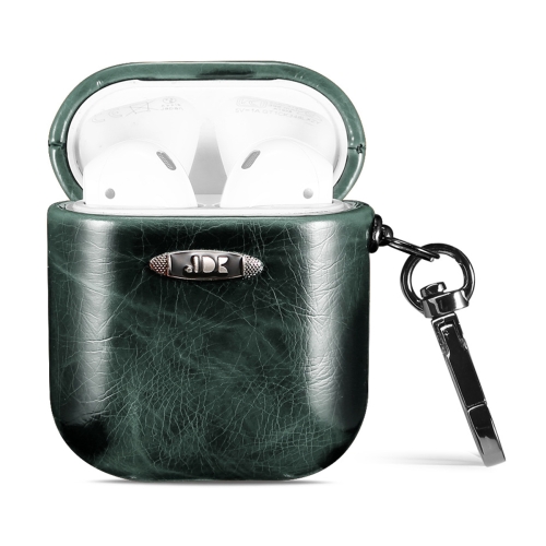 

Oil Wax Leather Texture Earphone Protective Case with Hang Buckle For AirPods 1 / 2(Dark Green)