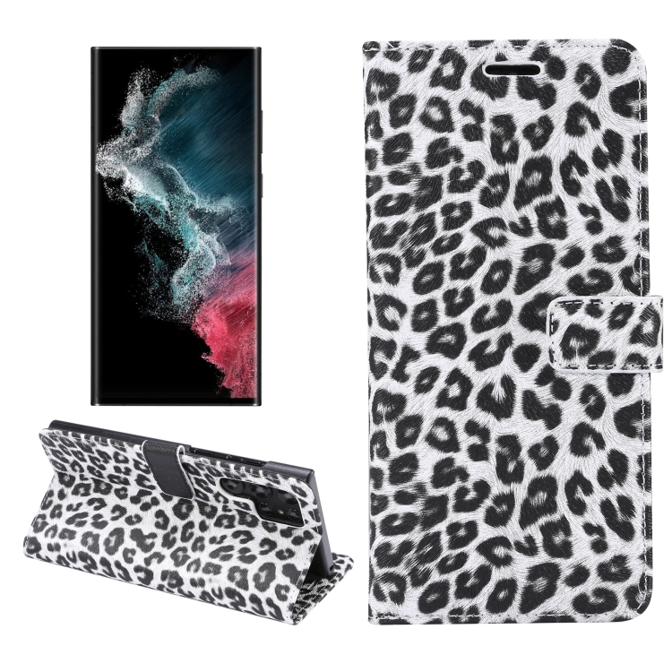 

For Samsung Galaxy S22 Ultra 5G Leopard Pattern Flip Leather Phone Case(White)