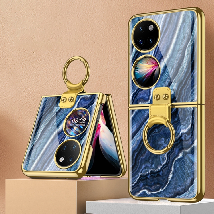 

For Huawei P50 Pocket GKK Marble Pattern Electroplating Glass Phone Case with Ring(Marble 01)