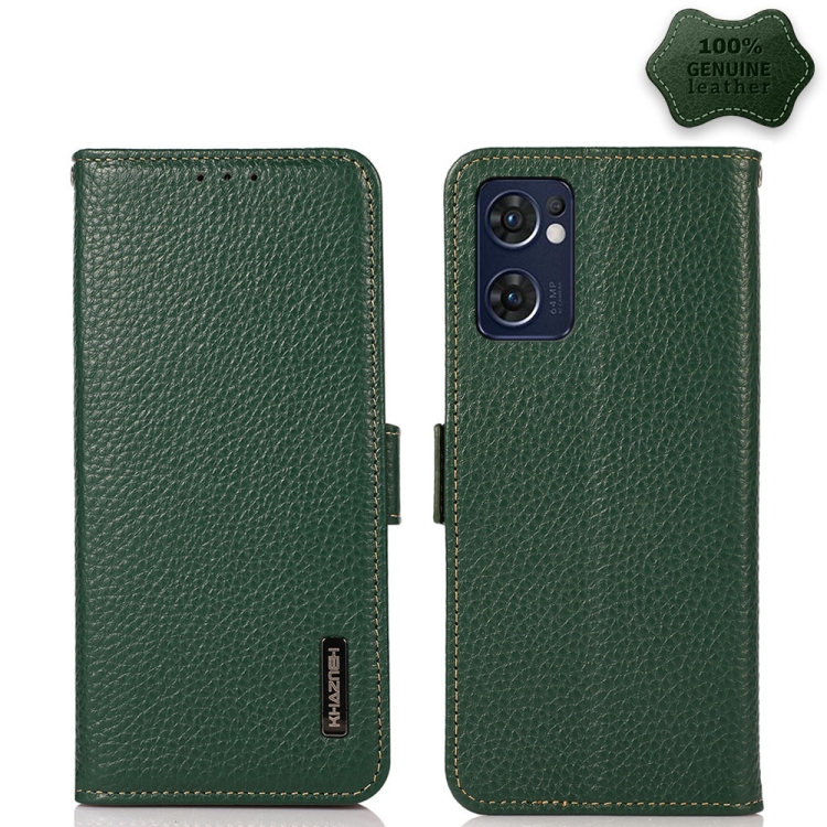 

For OPPO Reno7 5G / Find X5 Lite KHAZNEH Side-Magnetic Litchi Genuine Leather RFID Phone Case(Green)