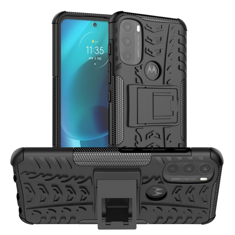 

For Motorola Moto G71 5G Tire Texture TPU + PC Phone Case with Holder(Black)
