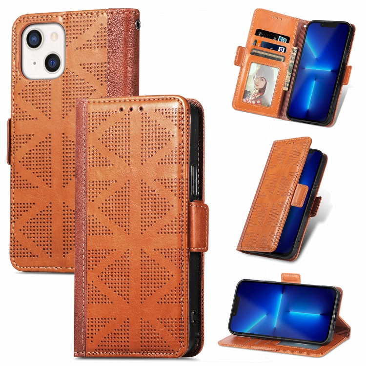 

Grid Leather Flip Phone Case For iPhone 13(Brown)