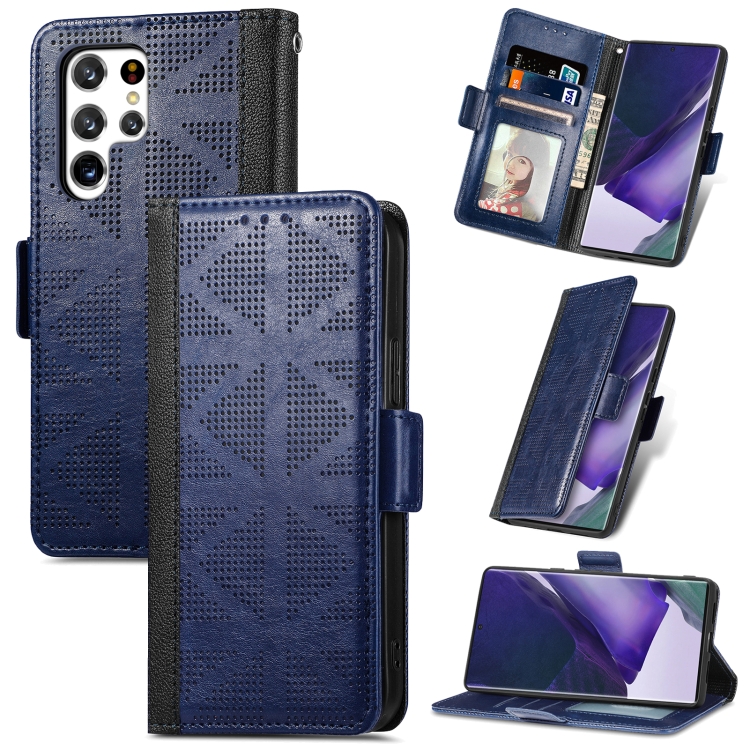 

For Samsung Galaxy S22 Ultra 5G Grid Leather Flip Phone Case(Blue)