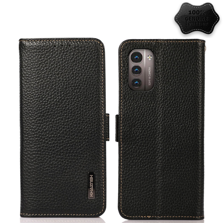 

For Nokia G21 / G11 4G KHAZNEH Side-Magnetic Litchi Genuine Leather RFID Phone Case(Black)