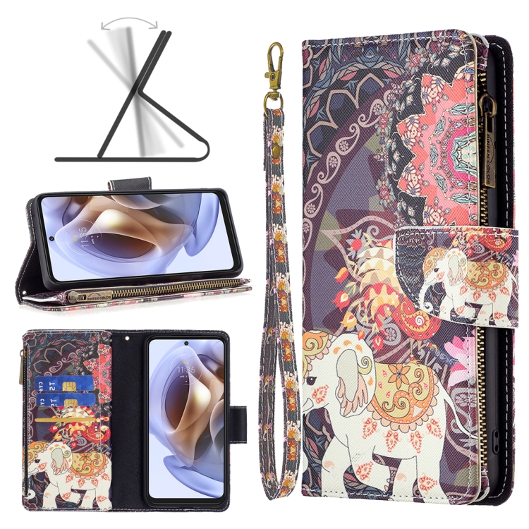 

For Motorola Moto G31 / G41 Colored Drawing Pattern Zipper Leather Phone Case(Flower Elephants)