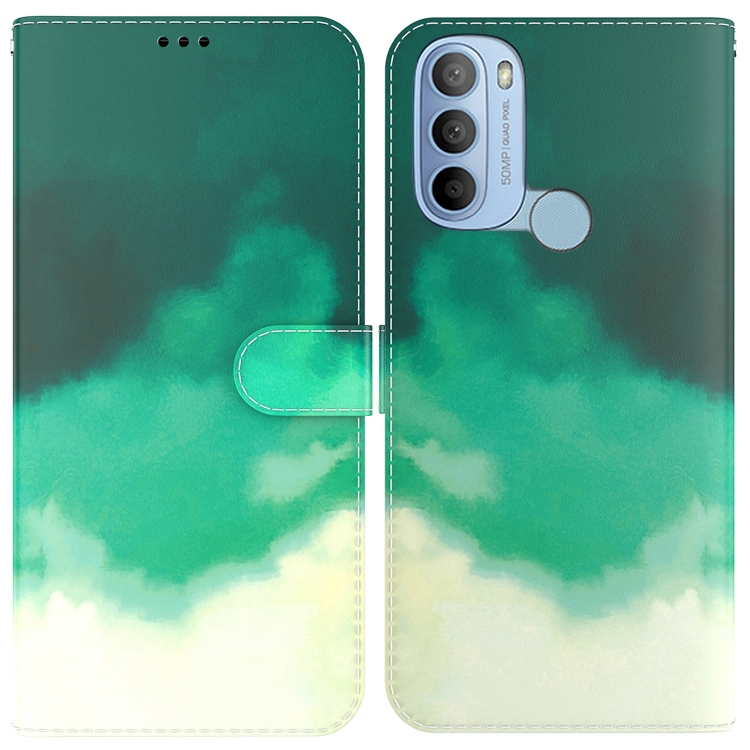

For Motorola Moto G31 4G Brazil Version with Fingerprint Watercolor Pattern Horizontal Flip Leather Phone Case(Cyan Green)