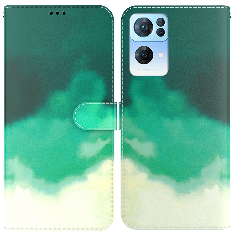 

For OPPO Reno7 Pro 5G Watercolor Pattern Horizontal Flip Leather Phone Case(Cyan Green)