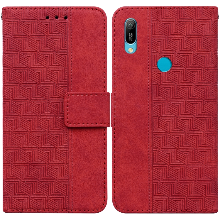 

For Huawei Y6 2019 Geometric Embossed Leather Phone Case(Red)