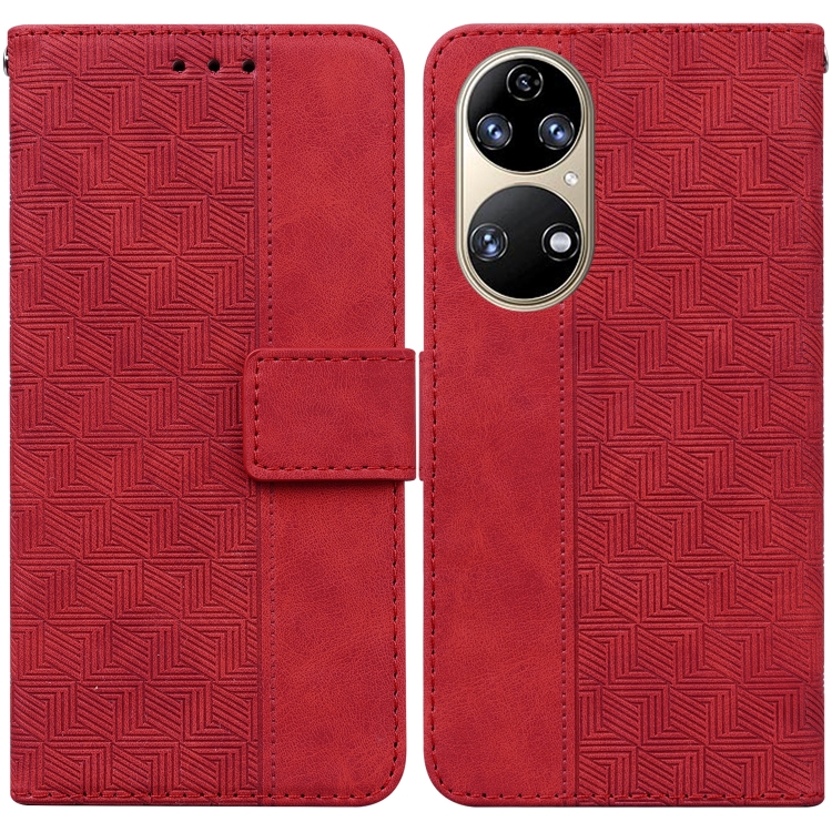 

For Huawei P50 Geometric Embossed Leather Phone Case(Red)