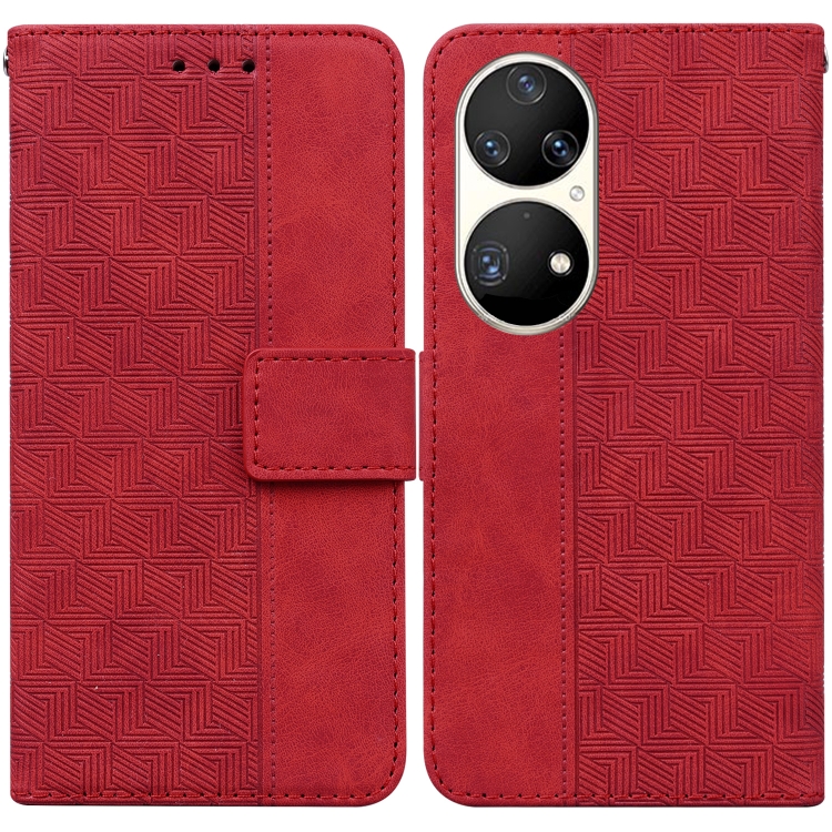 

For Huawei P50 Pro Geometric Embossed Leather Phone Case(Red)