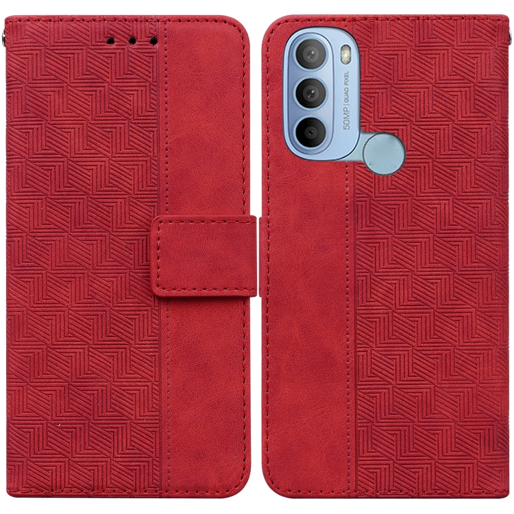 

For Motorola Moto G31 4G with Fingerprint Brazil Version Geometric Embossed Leather Phone Case(Red)
