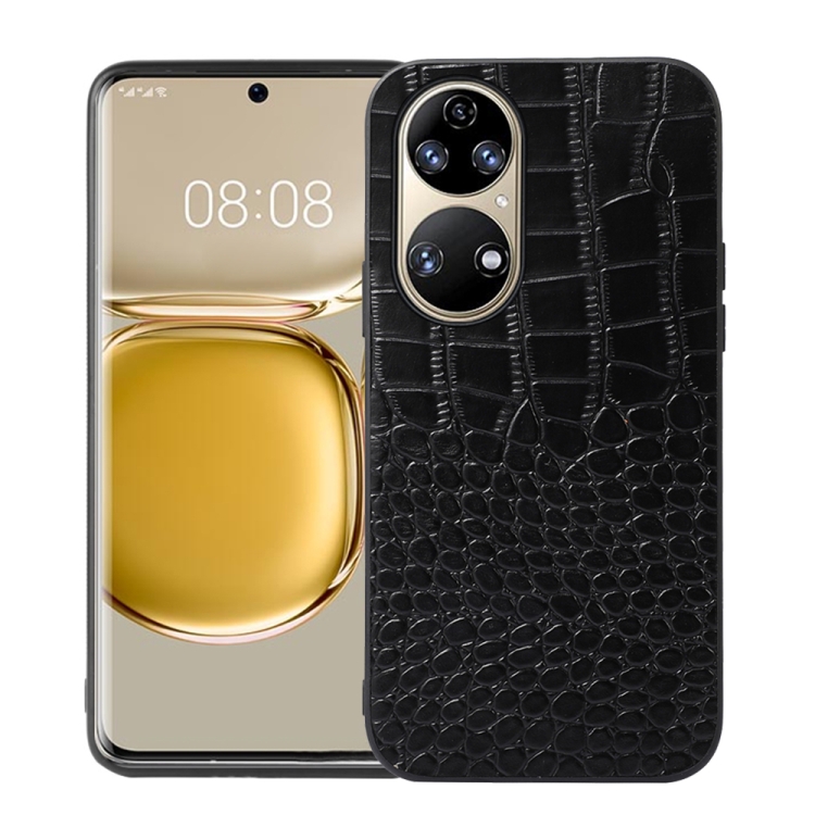 

For Huawei P50 Crocodile Top Layer Cowhide Leather Phone Case(Black)