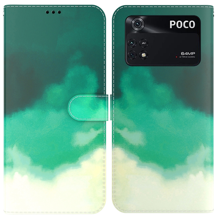 

For Xiaomi Redmi Poco M4 Pro Watercolor Pattern Horizontal Flip Leather Phone Case(Cyan Green)