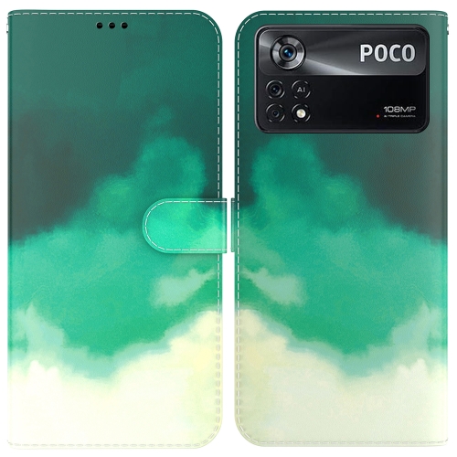 

For Xiaomi Poco X4 Pro 5G Watercolor Pattern Horizontal Flip Leather Phone Case(Cyan Green)