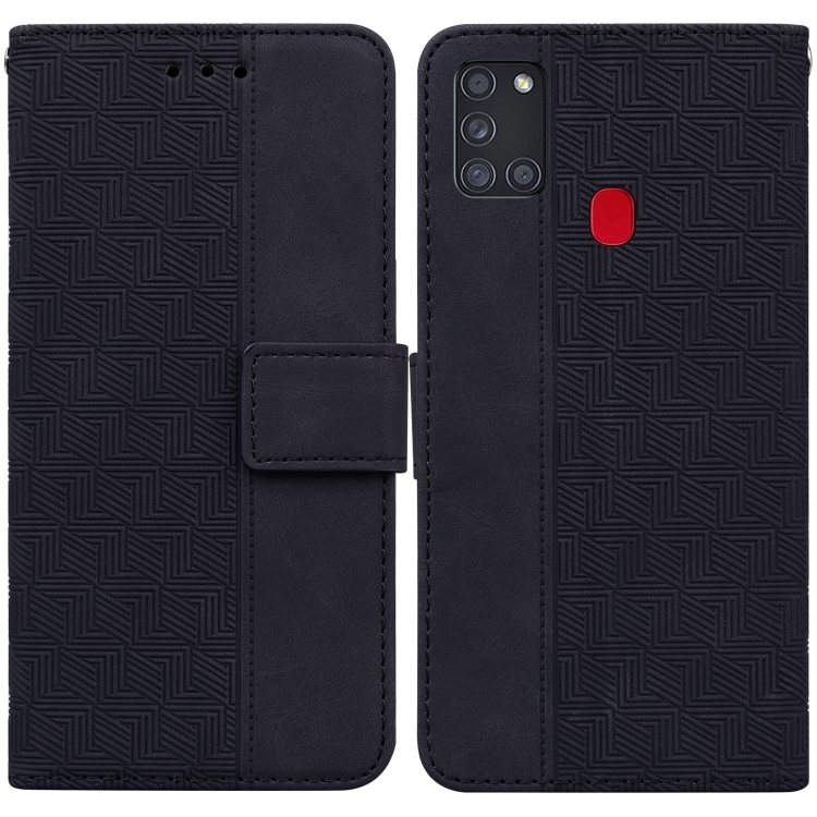 

For Samsung Galaxy A21s Geometric Embossed Leather Phone Case(Black)