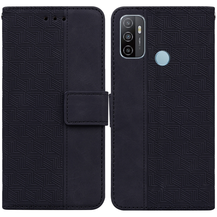

For OPPO A53 / A33 Geometric Embossed Leather Phone Case(Black)