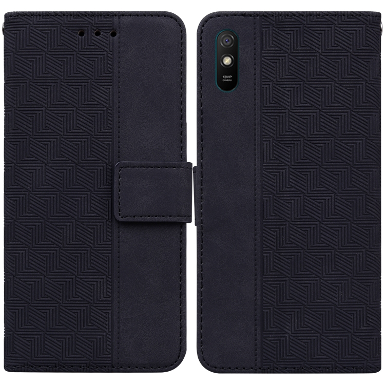 

For Xiaomi Redmi 9A Geometric Embossed Leather Phone Case(Black)