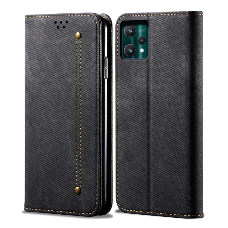 

For OPPO Realme 9 Pro Denim Texture Casual Style Leather Phone Case(Black)