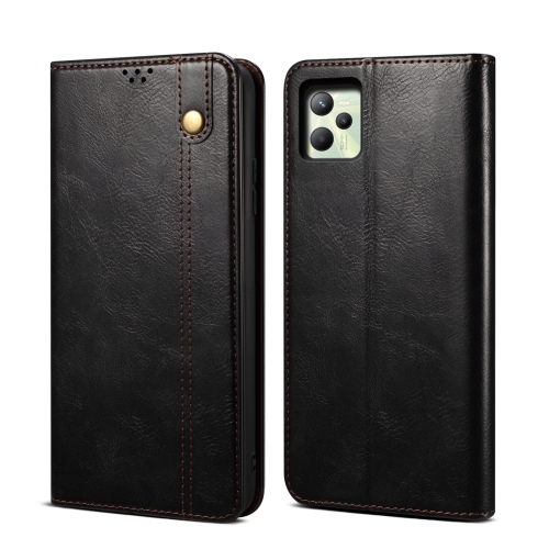

For OPPO Realme C35 Simple Wax Crazy Horse Texture Horizontal Flip Leather Phone Case with Card Slots & Holder(Black)