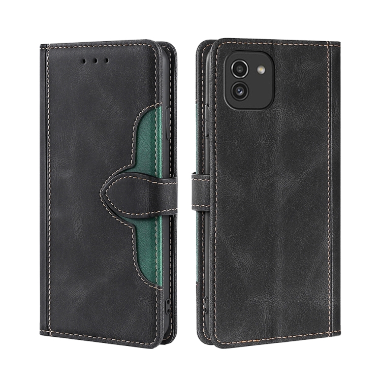 

For Samsung Galaxy A03 Skin Feel Straw Hat Magnetic Buckle Leather Phone Case(Black)