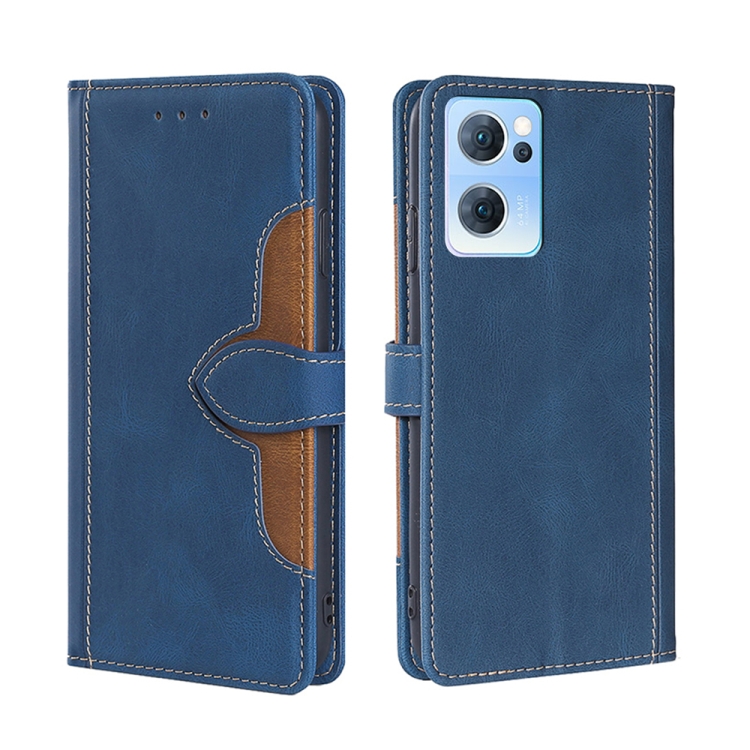 

For OPPO Reno7 5G Skin Feel Straw Hat Magnetic Buckle Leather Phone Case(Blue)