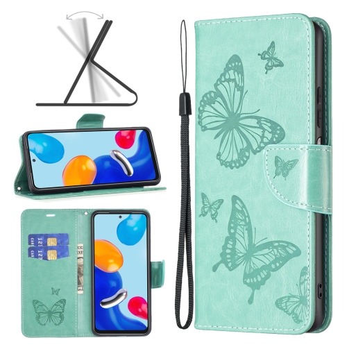 

For Xiaomi Redmi Note 11 Global Two Butterflies Embossing Leather Phone Case(Green)